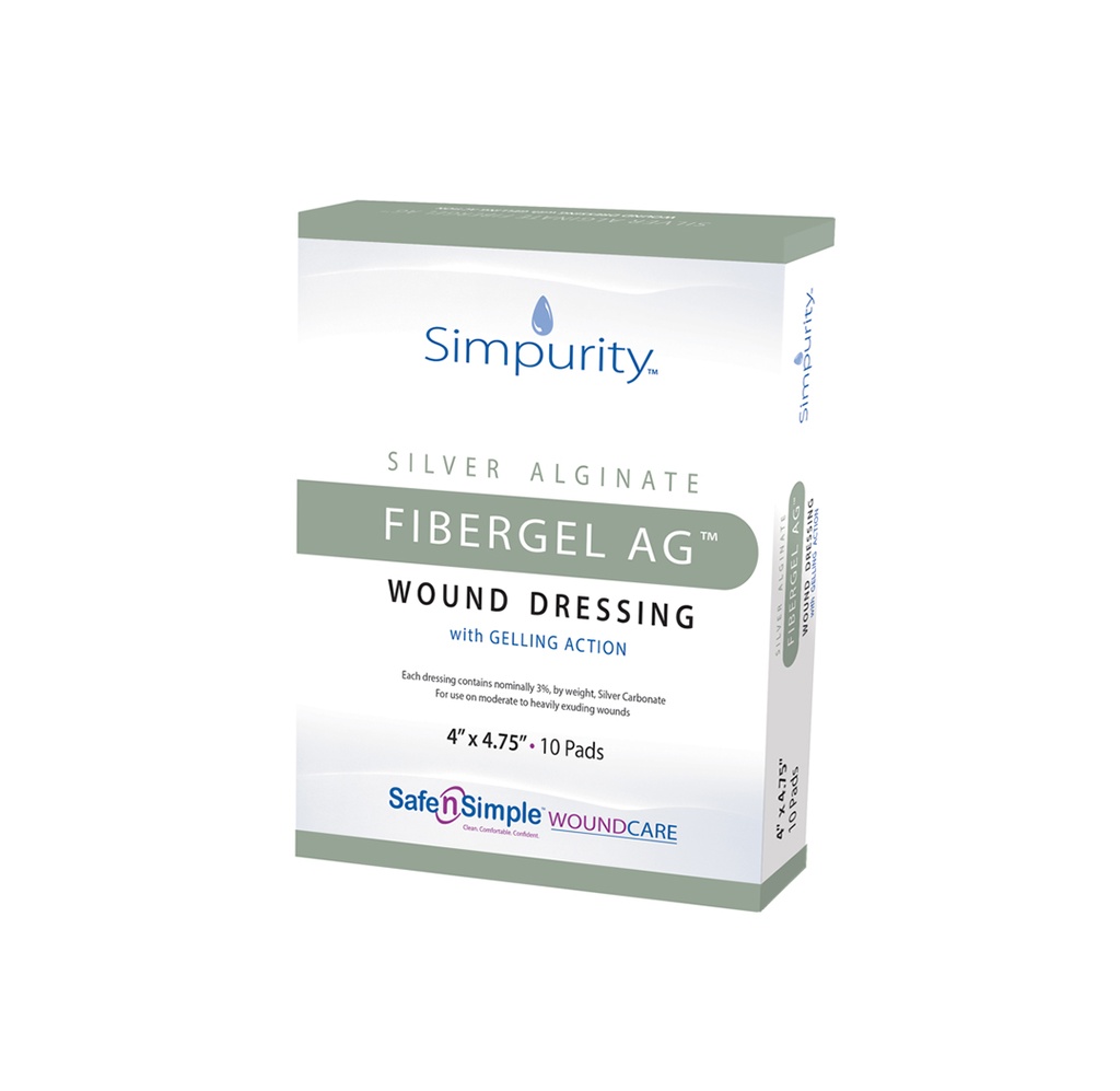 Simpurity Silver Alginate Fibergel AG Wound Dressing 4”x4.75" 