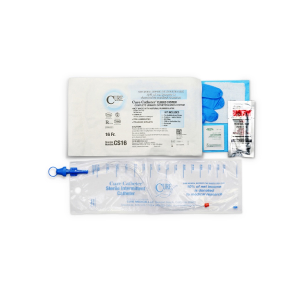 Cure Intermittent Catheter Tray, Closed System,  Straight Tip 16F