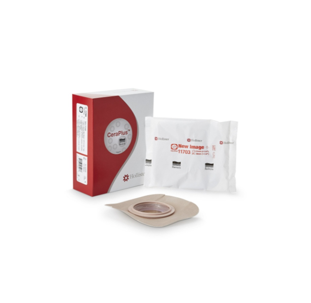 Hollister New Image CeraPlus Ostomy Barrier, Trim to Fit, Extended Wear Adhesive Tape Borders, 57mm Flange, Red Code System, Up to 1.5" Inch Opening