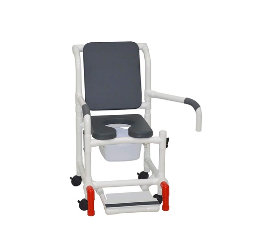 [118-3-SSDE-CBP-PI-DDA-SF-SQ-PAIL-AT + LSB18] MJM Shower Chair With Deluxe Elongated Soft Seat, Cushion Back, Dual Swing Away Arm Rests, Sliding Footrest, Square Pail, Anti Tippers & Lap Safety Bar