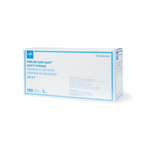 [SSN103225Z] Medline Safety Syringe with Needle 3mL, 22G x 1"