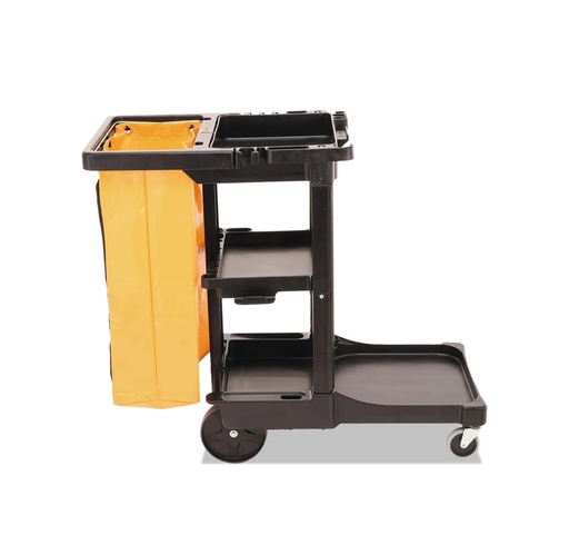 [FG617388BLA] Rubbermaid Janitor Cart, Multi Shelf, Black, Zippered Yellow 25 Gallon Bag