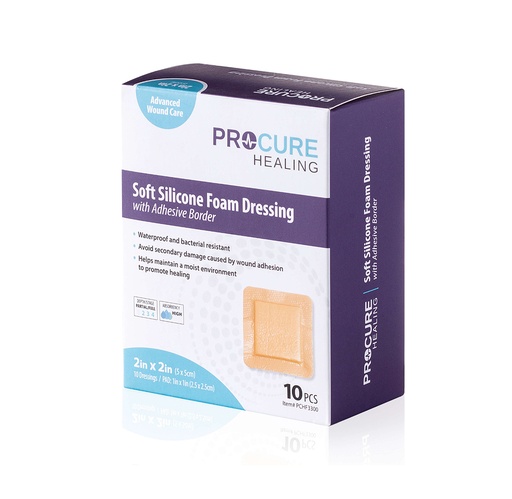 [PCHF3300] ProCure Soft Silicone Foam Dressing with Adhesive Border, 2"x2"